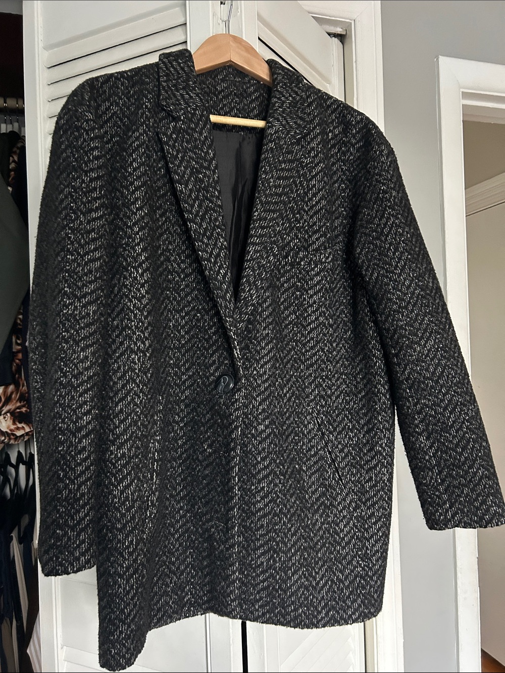 Women’s Oversized Black Herringbone Wool-Blend Overcoat